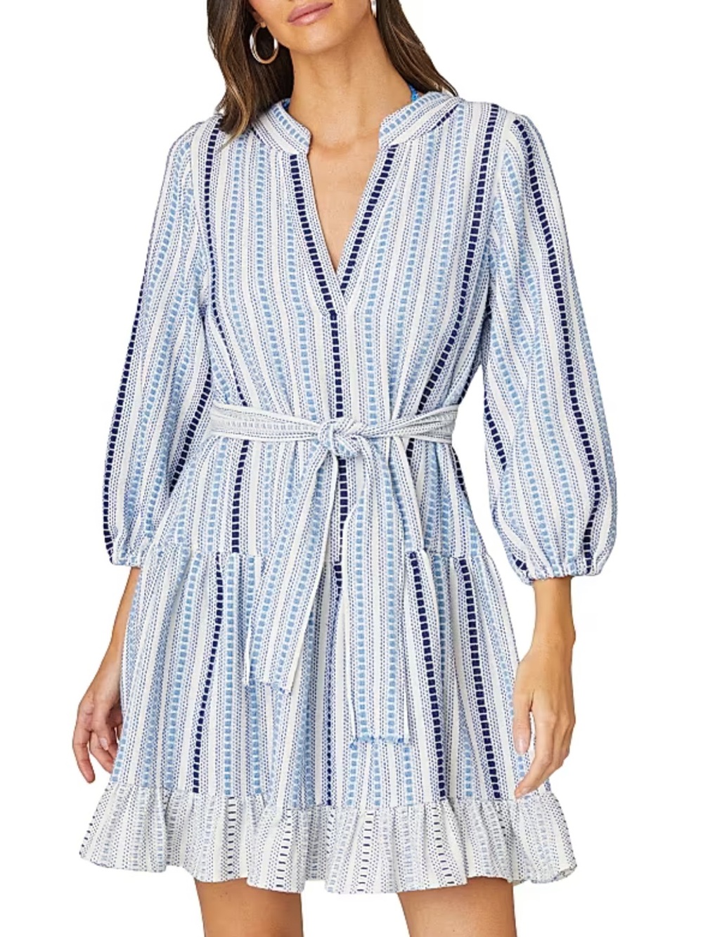 Shoshanna 100% Cotton Umbrella Mini Dress Size M Light Blue Long-Sleeve Belt